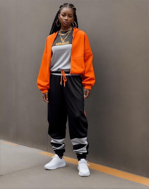 Brünettes Model für Sportbekleidung. Kleidung in Schwarz- und Orangetönen posiert vor einer Wand