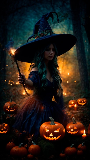 bruja en el bosque de halloween