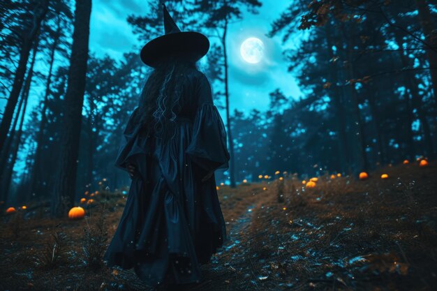 Foto bruja en el bosque iluminado por la luna