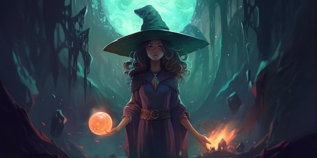 Una bruja en un bosque oscuro sosteniendo una calabaza.
