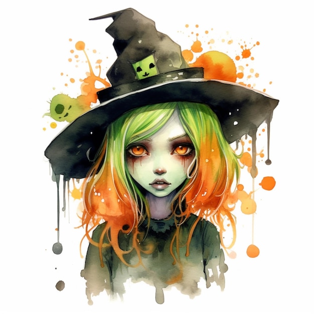Bruja con cabello verde y sombrero negro con ojos naranjas generativo ai