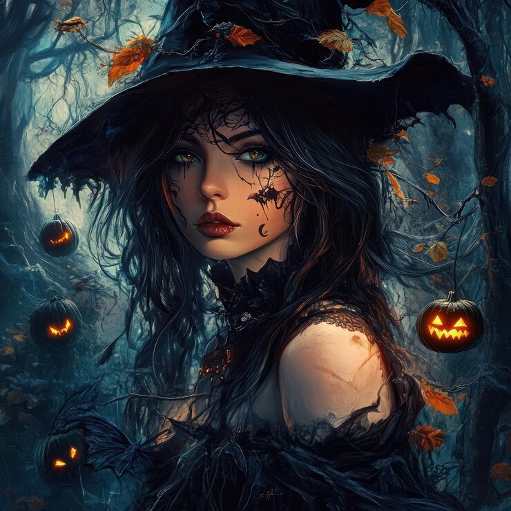 una bruja con una calabaza en su sombrero se muestra en un bosque oscuro