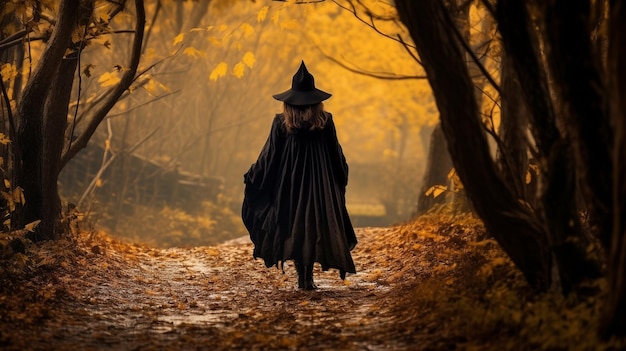 Una bruja caminando por el bosque en Halloween Horror espeluznante fondo de miedo de otoño amarillo