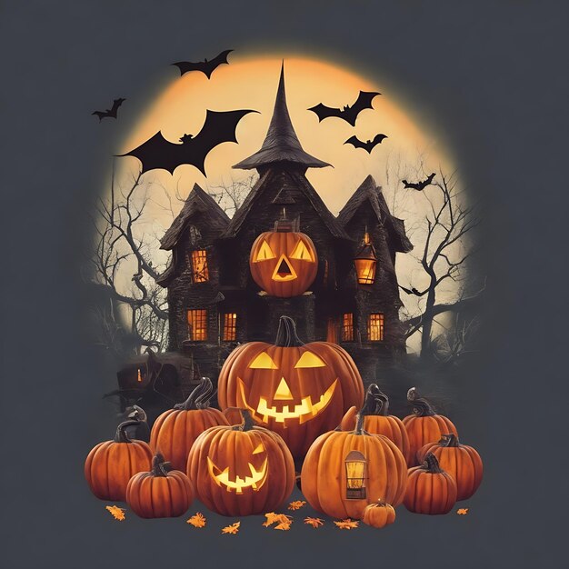 Bruja Casa encantada Calabazas Murciélagos Diseño festivo de Halloween Diseño de camiseta de calabaza aterradora