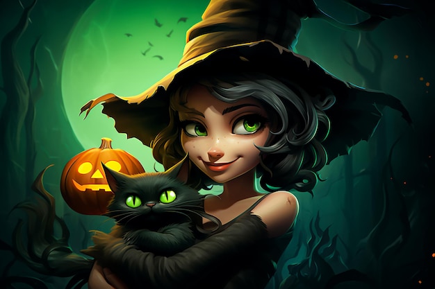 Bruja de dibujos animados con un gato negro en una ilustración de Halloween generada por IA