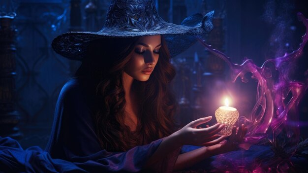 La bruja hace un hechizo cerrando los ojos y sosteniendo una vela por la noche.