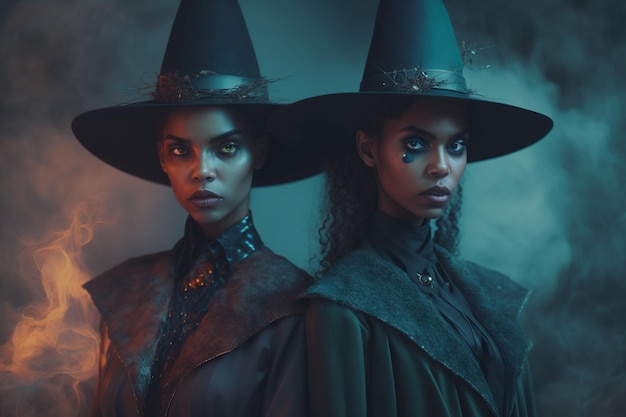 Bruja con hacer brujería hechizos mágicos sombrero conjurar Bosque mágico oscuro espeluznante Mago Diseño de arte de fiesta de Halloween Aterrador personaje aterrador hermosa hechicera