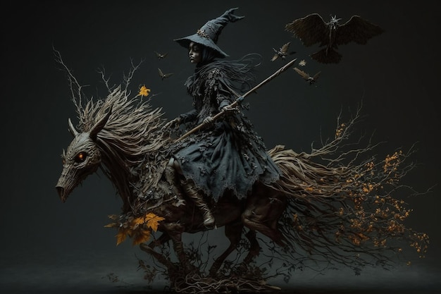 Bruja con hacer brujería hechizos mágicos sombrero conjurar Bosque mágico oscuro espeluznante Mago Diseño de arte de fiesta de Halloween Aterrador personaje aterrador hermosa hechicera