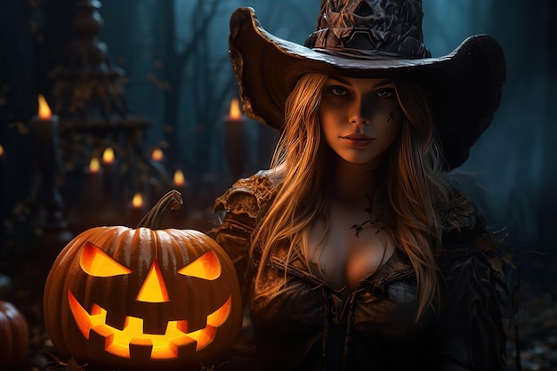 Bruja de Halloween con calabaza tallada y luces mágicas en un bosque oscuro
