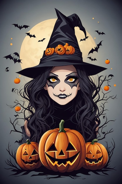 Bruja de Halloween con calabazas y murciélagos sobre fondo oscuro