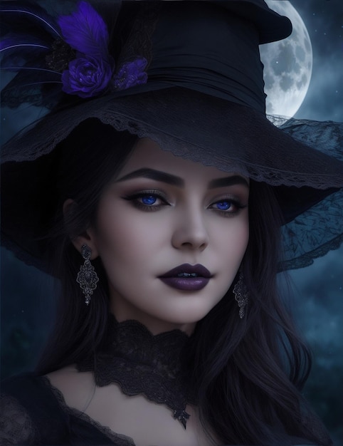 Una bruja de Halloween en el fondo de la luna gigante brillante atractivo retrato de bruja de Hallowe'en generativo ai