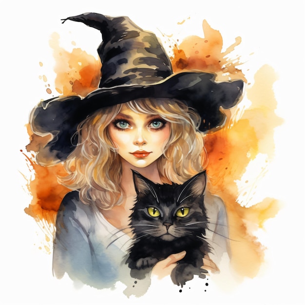 Bruja de halloween y gato negro acuarela fondo blanco