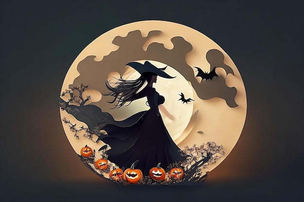 bruja de halloween con una luna en el fondo fondo oscuro estilo de arte de papel generado por ai