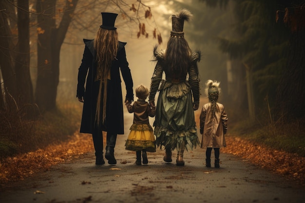 Bruja de Halloween con niños caminando en el bosque Concepto de Halloween Vista trasera de una familia disfrazada para Halloween Generada por IA