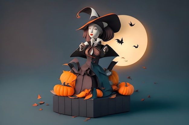 bruja de halloween en un podio estilo de arte de papel fondo generado por ai