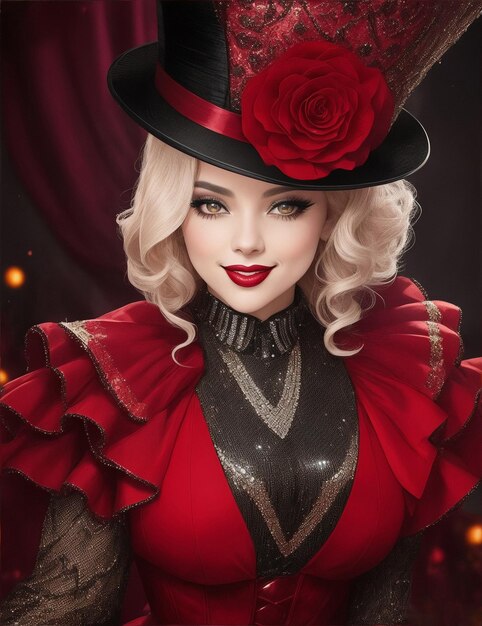 Una bruja de Halloween en un vestido rojo brillante atractivo retrato de bruja de Hallowe'en generativo ai
