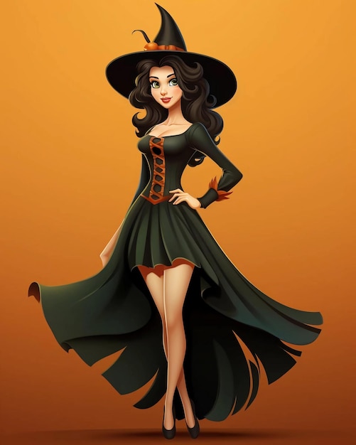 Bruja de Halloween con vestidos negros y sombrero