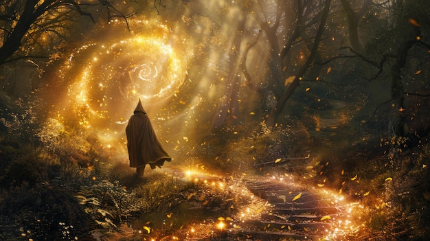 Una bruja lanza magia al bosque encantado por la noche con árboles y plantas que emiten un resplandor amarillo mágico