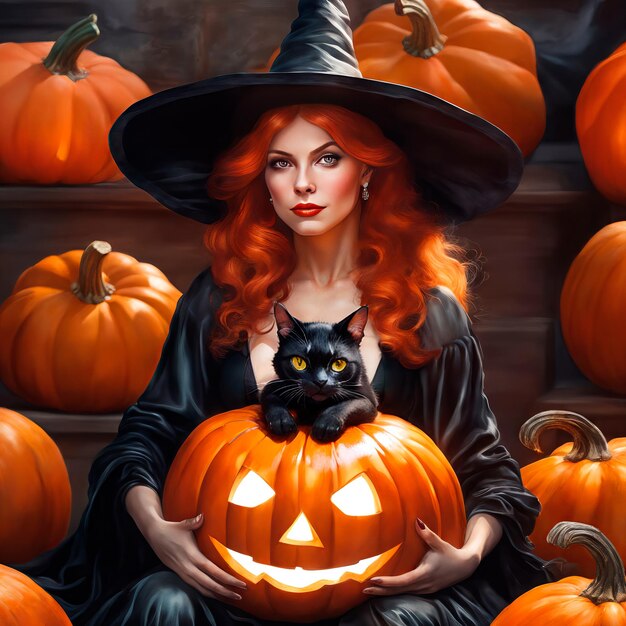 Bruja pelirroja de Halloween con gato y calabazas