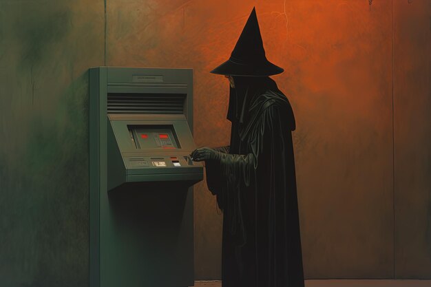 Foto una bruja está de pie frente a una caja registradora