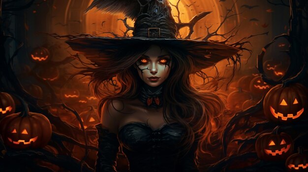 Bruja sexy de Halloween con calabazas talladas Jack O linternas y luces mágicas en un bosque oscuro por la noche Pesadilla aterradora y espeluznante fondo de diseño de concepto de Halloween