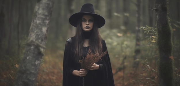 Una bruja con un sombrero negro se encuentra en un bosque.