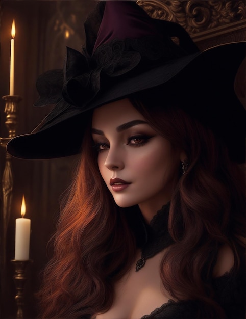 Una bruja con velas atractiva retrato de bruja de Halloween generativo ai