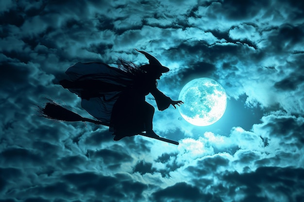 Una bruja volando en una escoba con una luna llena en el fondo
