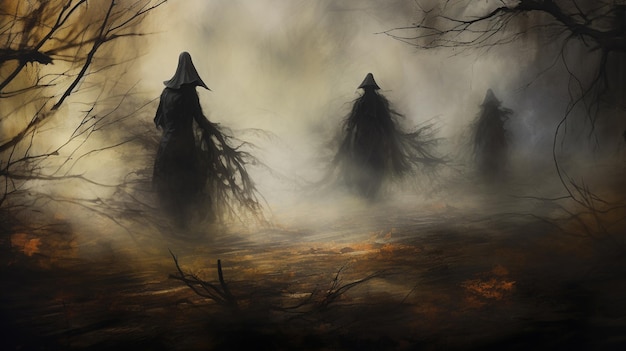 Brujas caminando por el bosque oscuro en la ilustración de Halloween Horror espeluznante fondo aterrador