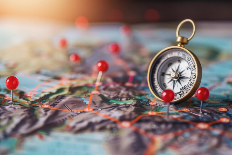Una brújula antigua en un mapa del mundo con alfileres de colores que marcan diferentes ubicaciones que simbolizan viajes y aventuras