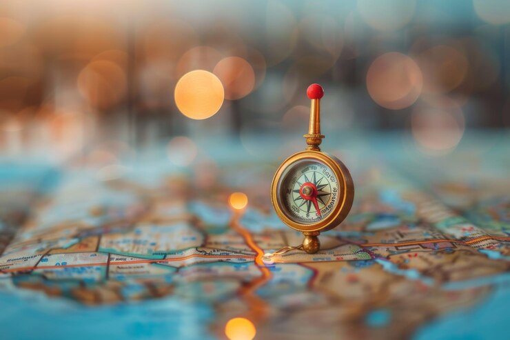 Una brújula antigua en un mapa del mundo con alfileres de colores que marcan diferentes ubicaciones que simbolizan viajes y aventuras