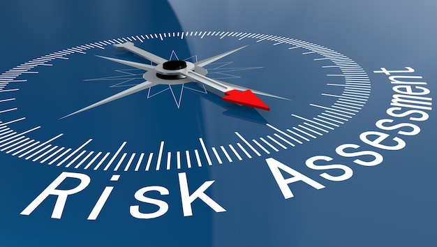 Brújula azul con palabra de evaluación de riesgos