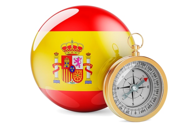Foto brújula con bandera española viajes y turismo en españa concepto 3d renderizado