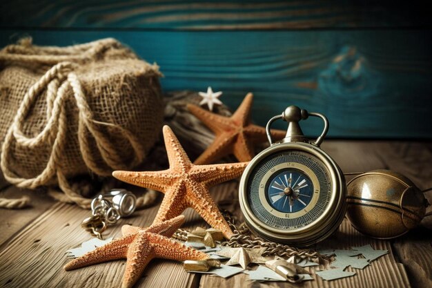 una brújula y una estrella de mar en una mesa con un fondo azul