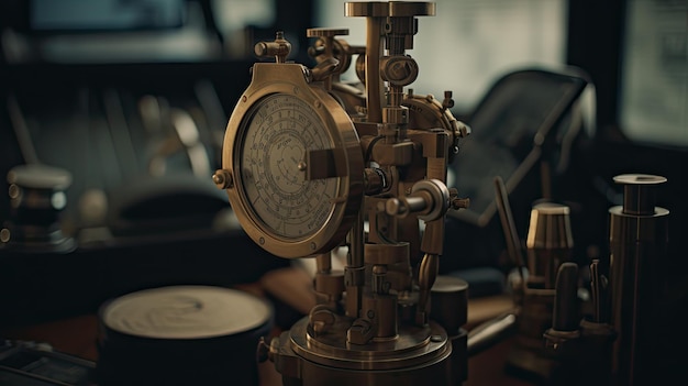 Una brújula de latón se sienta sobre una mesa en una habitación oscura con un reloj y un reloj.