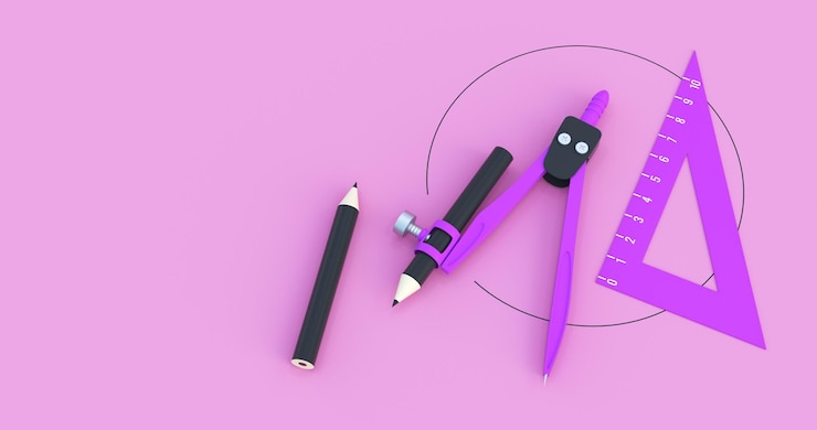 Foto brújula púrpura con lápiz en fondo rosa renderizado en 3d