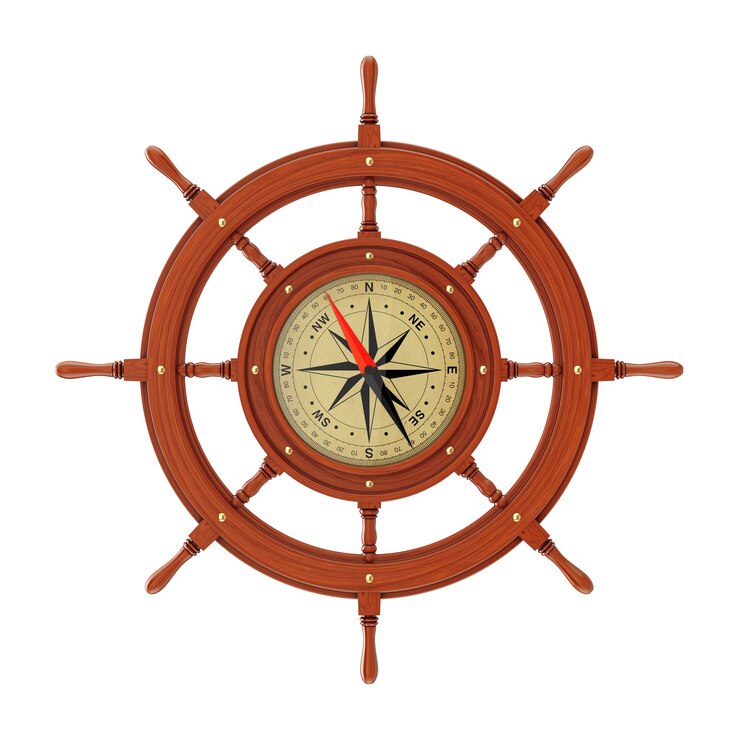 Foto brújula rara en forma de volante de barco de madera vintage sobre un fondo blanco. representación 3d