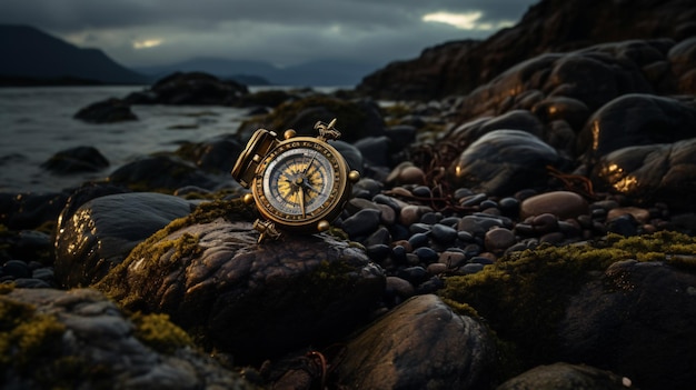 Brújula sobre rocas con un cielo oscuro