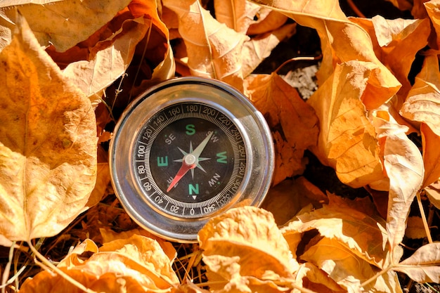 Brújula tumbada en el follaje de otoño amarilloConcepto recreación viajes y turismo