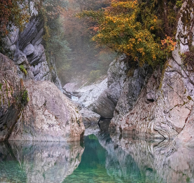 Brumosa mañana de montaña de otoño en el río con agua azul