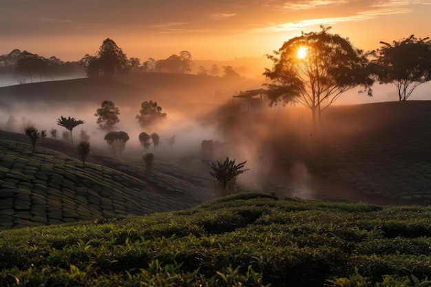 Brumosa puesta de sol sobre la plantación de té con niebla rodando por los campos