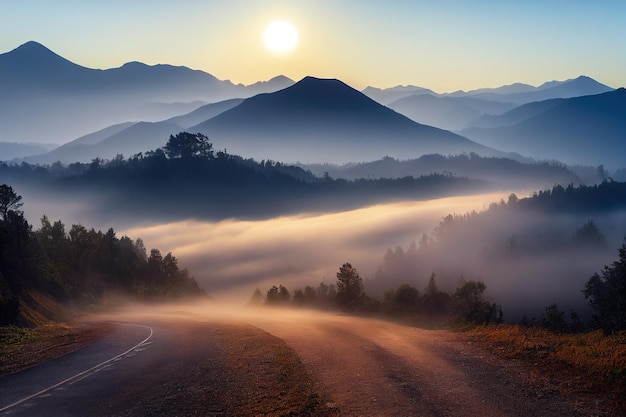 Brumoso camino de montaña de otoño