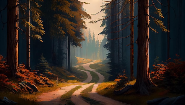 Brumoso Camino recto en el bosque Hermoso paisaje ilustración