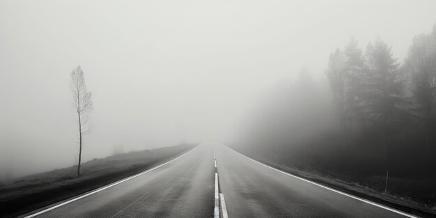 Brumoso camino vacío con árboles al costado Autopista neblinosa Concepto de viaje misterioso IA generativa