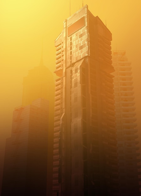 Brumoso futuro edificio de la ciudad en niebla naranja La neblina de la contaminación cubre el concepto de calentamiento global de la ciudad representación 3d