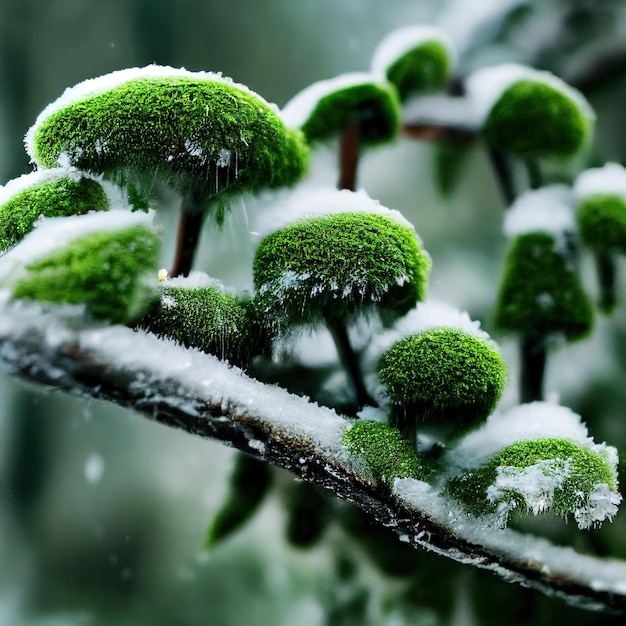 Brunch de árvores congeladas com musgo e neve closeup