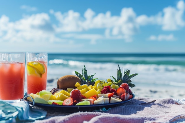 Foto brunch frente al océano con un plato de frutas en un día soleado