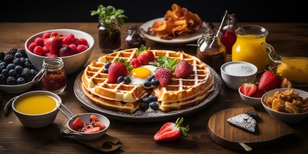 un brunch para untar que incluye waffles huevos frutas Creado con tecnología de IA generativa