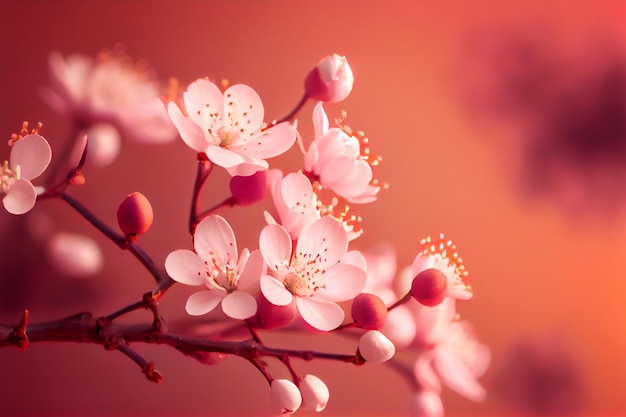 Brunch von hellrosa Kirsch- oder Sakura-Blüten im Hintergrund Botanischer selektiver Fokus AI generiert