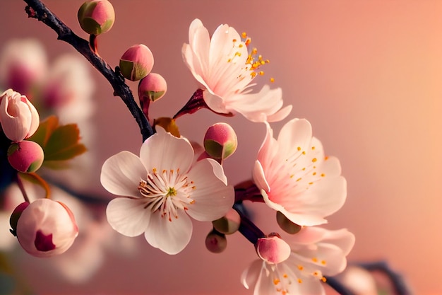 Brunch von hellrosa Kirsch- oder Sakura-Blüten im Hintergrund Botanischer selektiver Fokus AI generiert